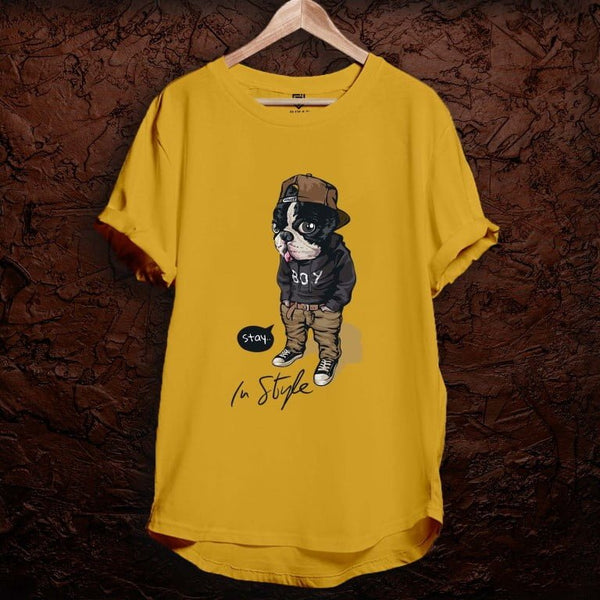 Juxar mustard yellow breathable cotton longline t shirt with cartoon dog graphic and curved hem