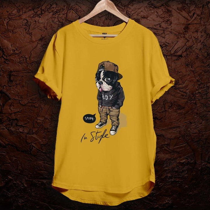 Juxar mustard yellow breathable cotton longline t shirt with cartoon dog graphic and curved hem