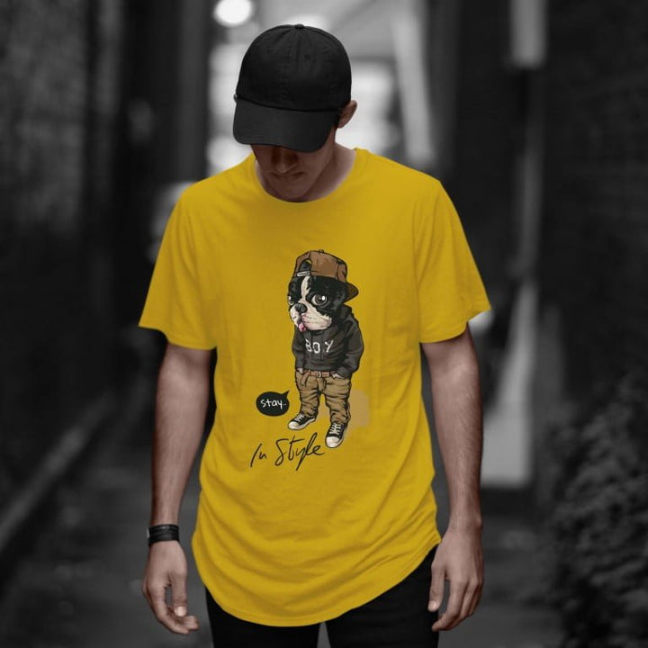 Juxar breathable cotton longline t shirt yellow with street dog graphic worn by man in black cap