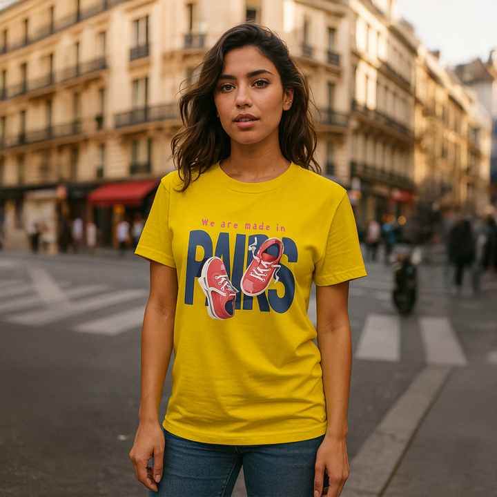 Juxar aesthetic boyfriend t shirt yellow Paris graphic with red sneakers worn by model on city street