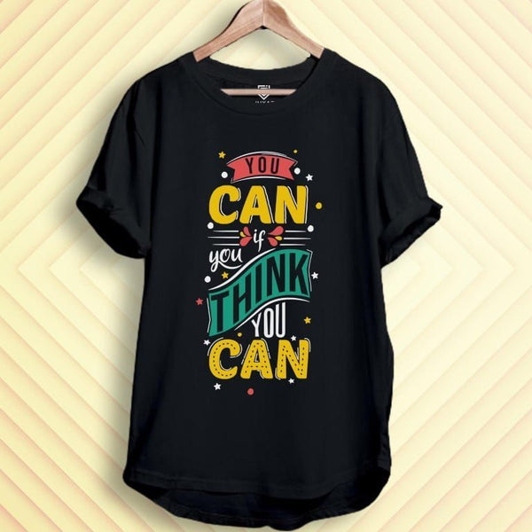 Juxar black cotton tee with colorful You Can If You Think You Can print on hanger casual oversized longline cotton t shirt