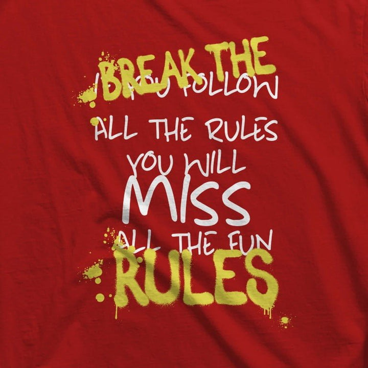 Juxar cotton oversized longline tee in red with yellow graffiti Break the Rules and white handwritten slogan