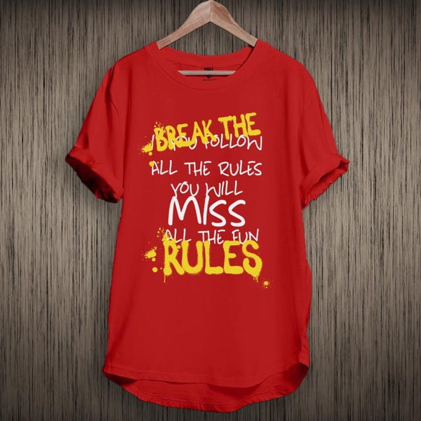 Juxar oversized longline tee red cotton graphic shirt with Break the Rules yellow and white print
