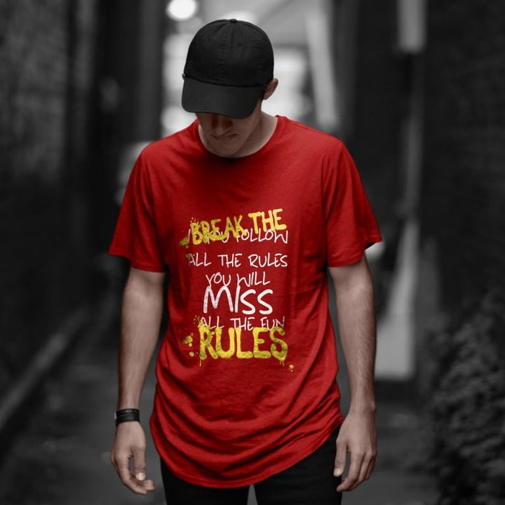 Juxar oversized longline tee red cotton longline tee with bold printed slogan worn by male model in cap