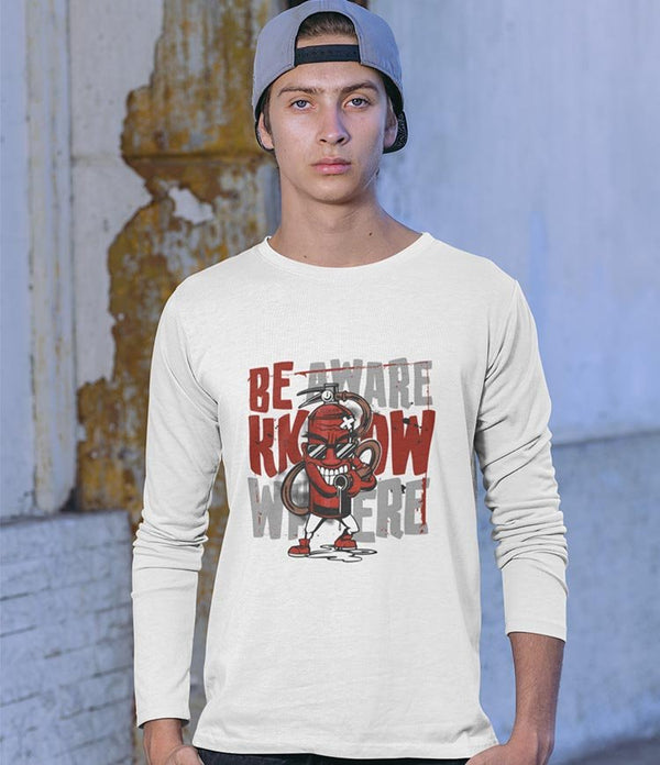Juxar white long sleeve tee with red cartoon character print and Be Aware Know Where text trendy graphic long sleeve t shirt