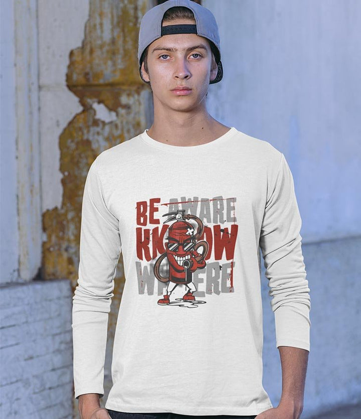 Juxar white long sleeve tee with red cartoon character print and Be Aware Know Where text trendy graphic long sleeve t shirt