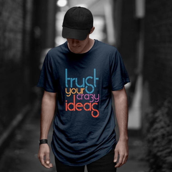 Juxar cotton longline tee navy with colorful Trust Your Crazy Ideas print on model wearing hip hop longline t shirt
