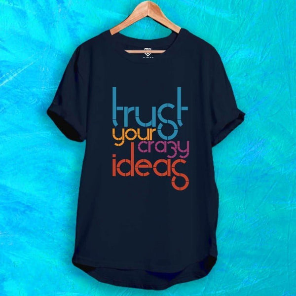 Juxar cotton hip hop longline t shirt navy with colorful trust your crazy ideas typographic print on hanger