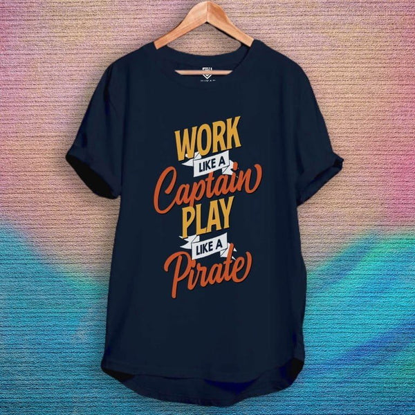 Juxar navy graphic hip hop style longline cotton tee with Work Like a Captain Play Like a Pirate print