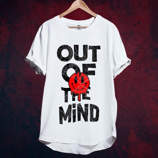 Juxar cotton longline tee white with Out of the Mind black text and red dripping smiley layered look longline t shirt