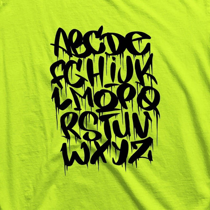 Juxar plain cotton longline t shirt neon green with black dripping graffiti alphabet print front