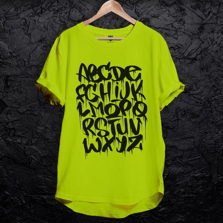 Juxar neon green plain cotton longline t shirt with black graffiti alphabet print on wooden hanger