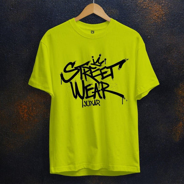 Juxar trendy cotton t shirts for men in bright yellow with black street wear graphic print