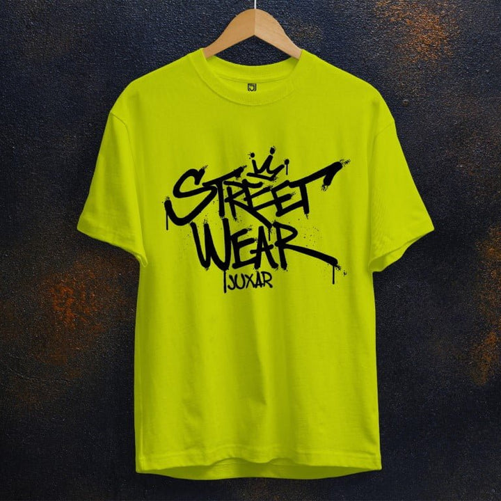 Juxar trendy cotton t shirts for men in bright yellow with black street wear graphic print