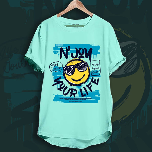Juxar cotton mint smiley graphic trendy longline t shirt with sunglasses print and rolled sleeves