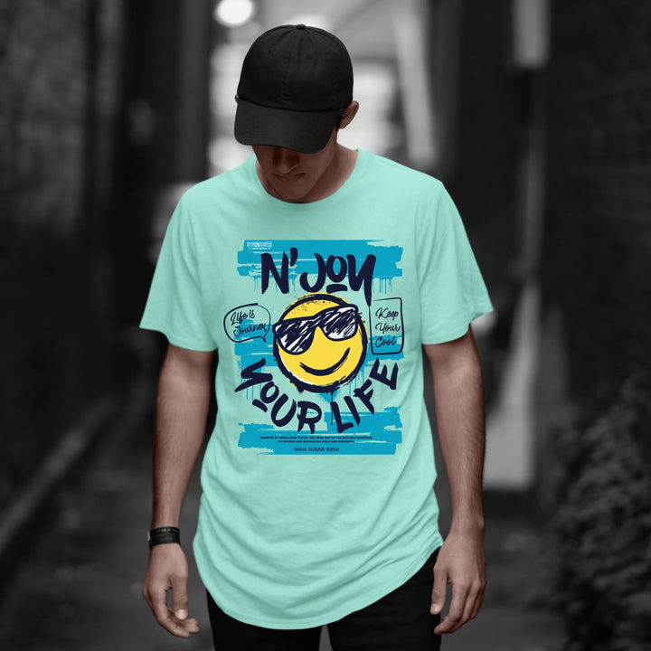 Juxar cotton trendy longline t shirt in mint with smiley sunglasses graphic worn by male model for casual streetwear