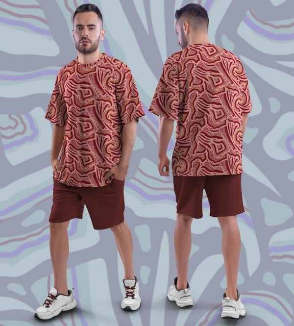 Juxar vintage oversized printed t shirt in red abstract swirl pattern shown front and back on male model