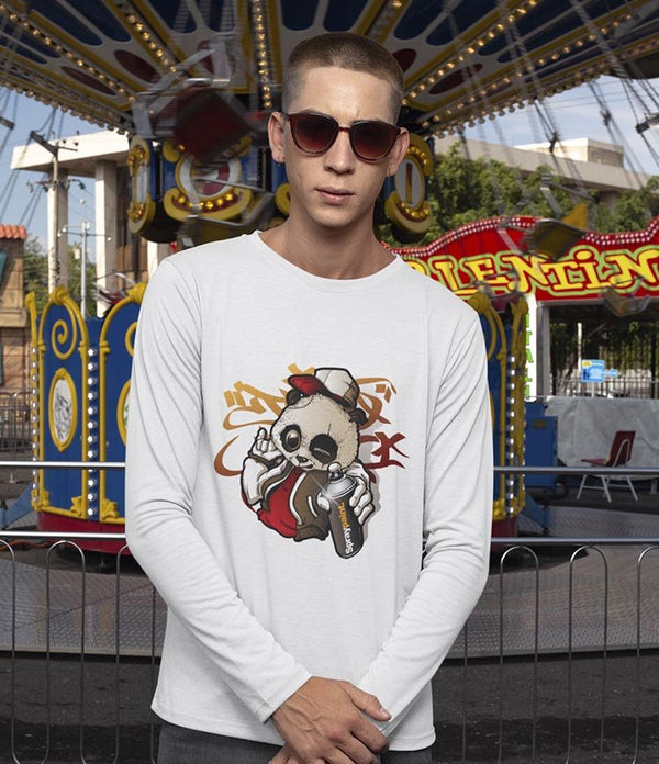 Juxar model wearing white luxury cotton printed long sleeve t shirt with skull graffiti print at carnival