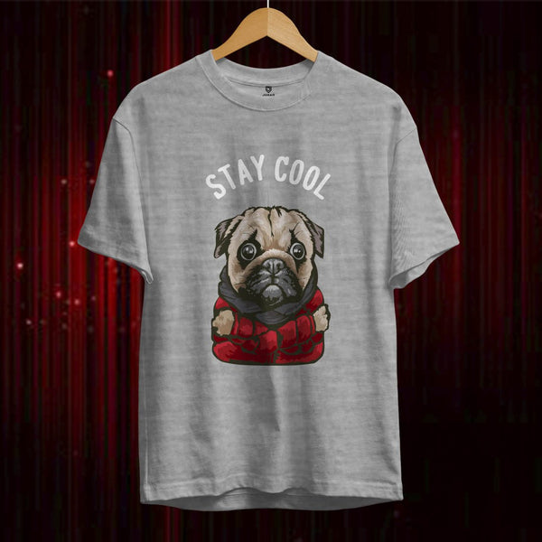 Juxar gray t-shirt with cute pug graphic and Stay Cool text stylish cotton t shirts on sale