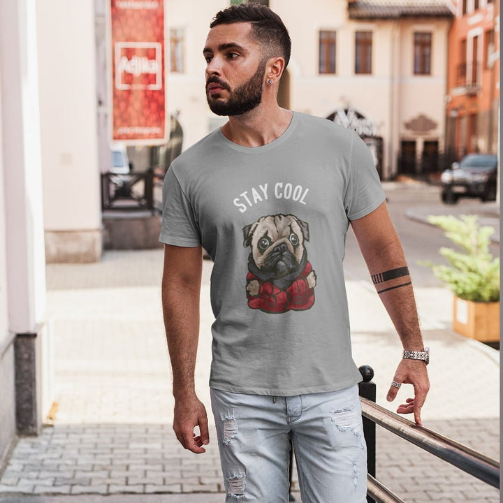 Man wearing Juxar stylish cotton t shirts on sale with a pug design and stay cool text
