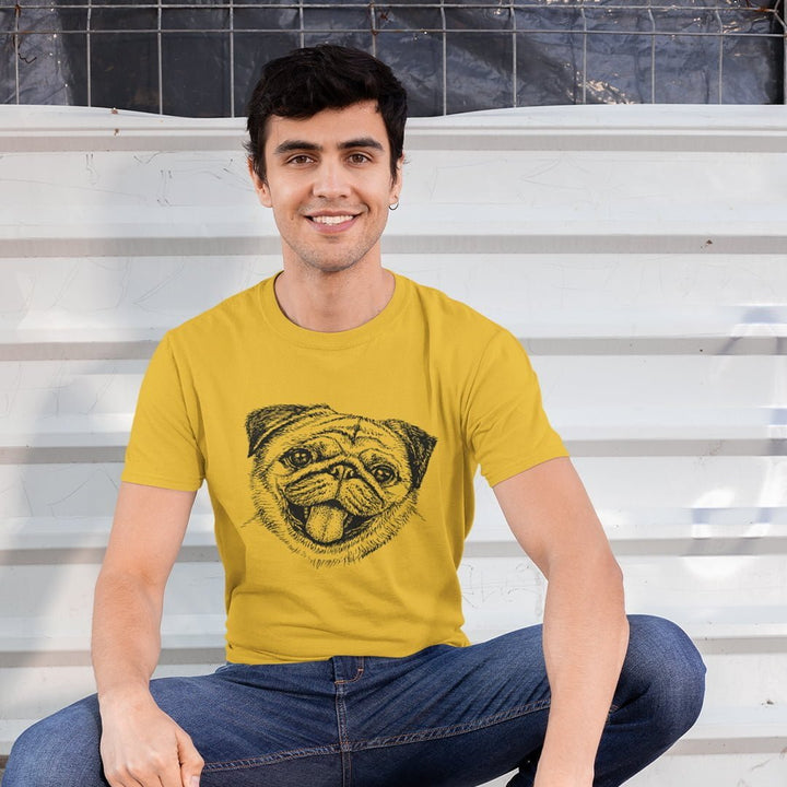Juxar stylish cotton t shirts on sale featuring a yellow t shirt with a pug dog sketch worn by a smiling man