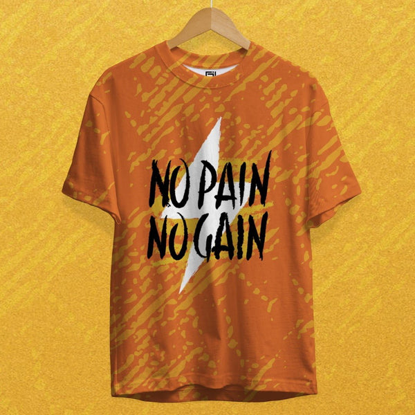 Juxar stylish printed t shirts for men orange tee with No Pain No Gain graphic and lightning design