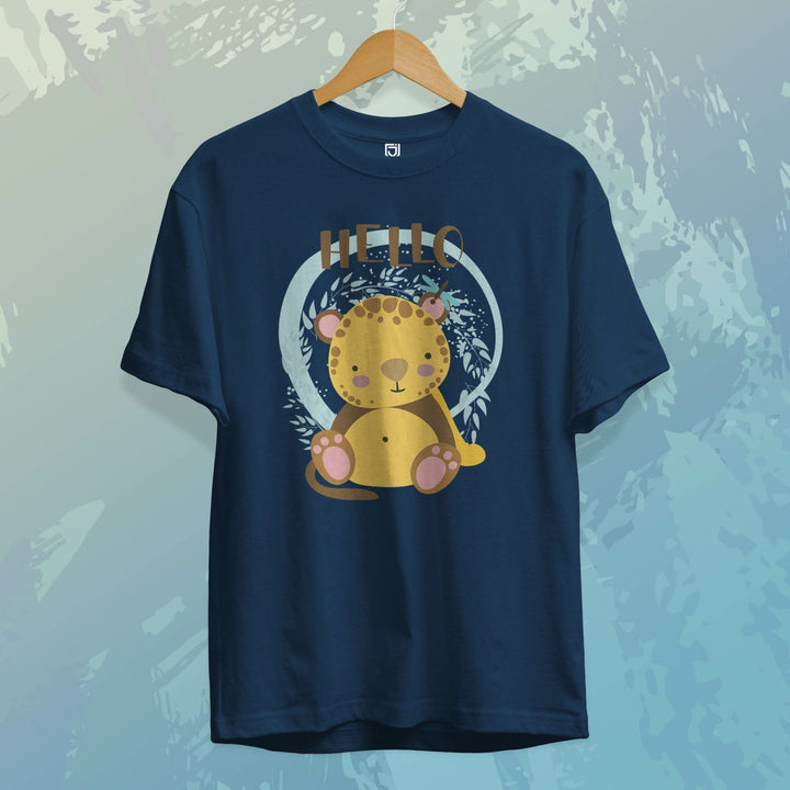 Juxar navy girls T shirt with cute leopard print and HELLO graphic sporty t shirt for girls