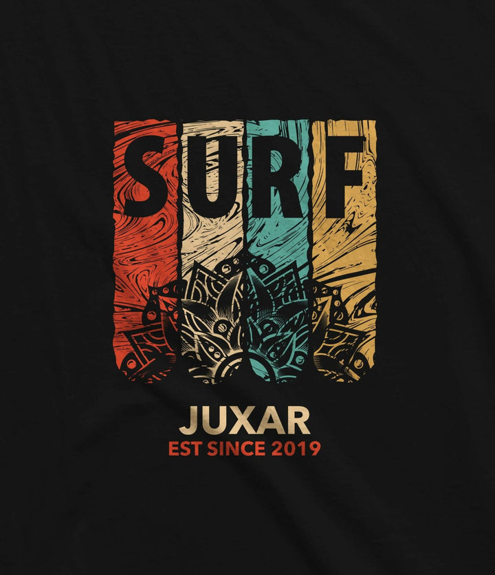 Juxar casual cotton longline t shirt for men black tee with multicolor SURF graphic and mandala design EST SINCE 2019