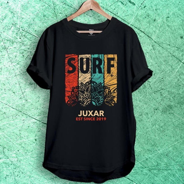 Juxar black cotton longline tee with rolled sleeves and vintage surf print casual cotton longline t shirt for men