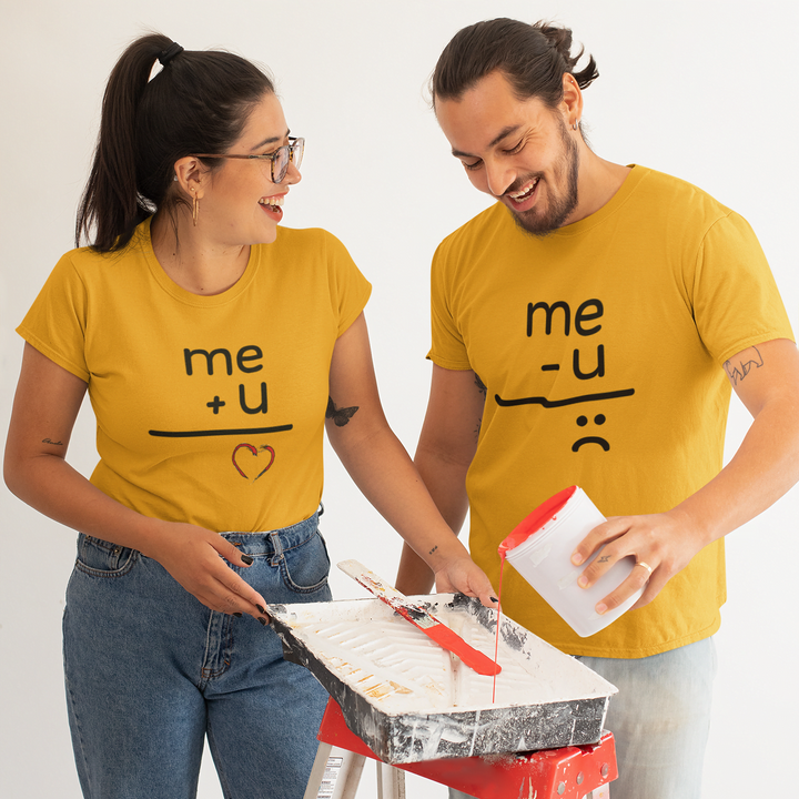 Mustard matching couple tees with me plus u and me minus u prints smiling couple painting couple t shirt for pre wedding shoot