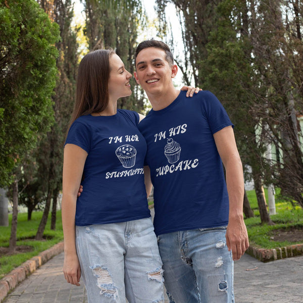 Smiling couple outdoors wearing Juxar navy blue couple matching t shirts with cupcake graphic and playful text