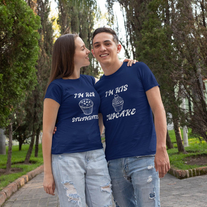 Smiling couple outdoors wearing Juxar navy blue couple matching t shirts with cupcake graphic and playful text
