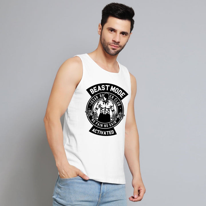 Juxar mens white top brand sando with beast mode graphic design and sleeveless fit