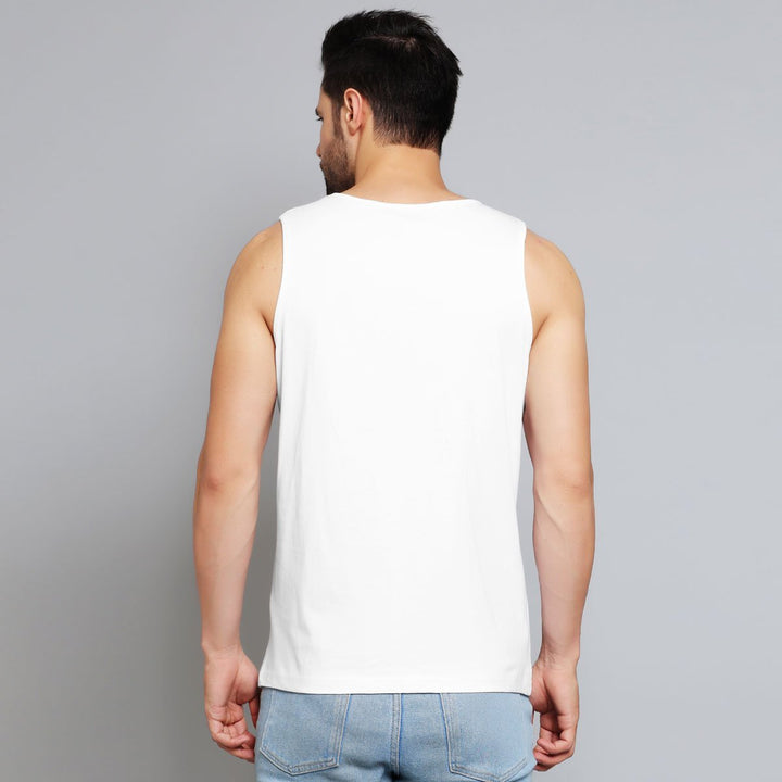 Mens white sleeveless top by Juxar shown from back featuring top brand sando style