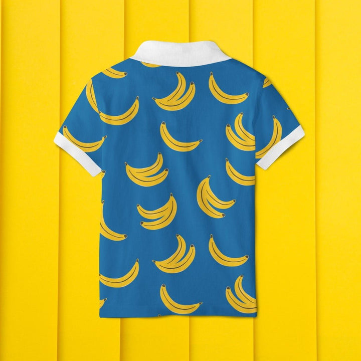 Juxar floral printed polo t shirt showing blue polo with playful yellow banana print and white collar