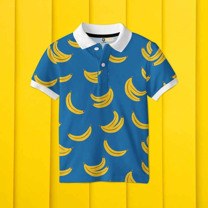Juxar floral printed polo t shirt shown with playful yellow banana print on blue background and white collar