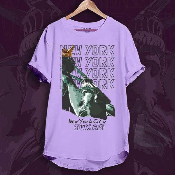 Juxar cotton plain longline t shirt in lavender featuring Statue of Liberty New York City graphic and curved hem