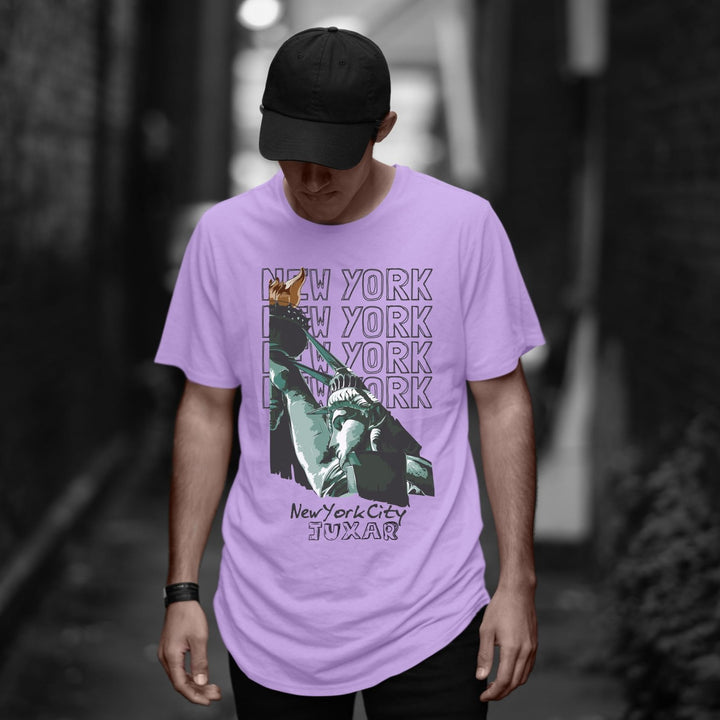 Juxar cotton plain longline t shirt in lavender with New York City Statue of Liberty graphic worn by model