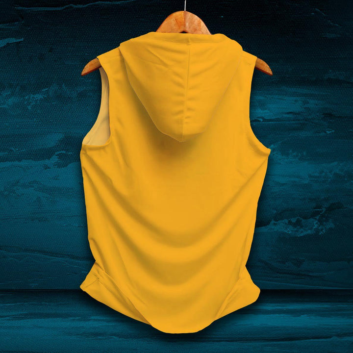 Yellow sleeveless workout hoodie sando for men hanging on wooden hanger from back view