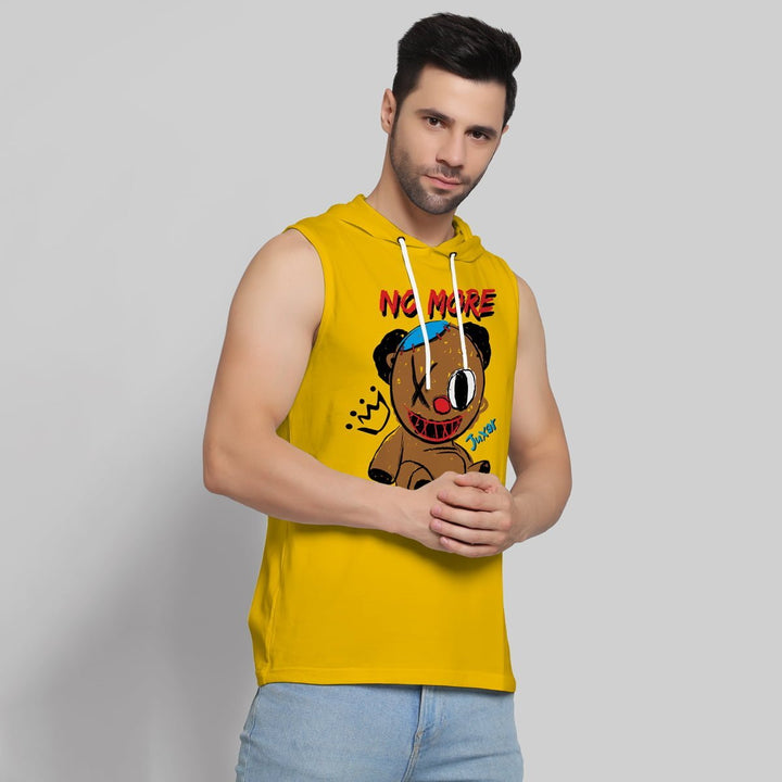 Juxar yellow workout hoodie sando for men with graphic bear print and sleeveless design