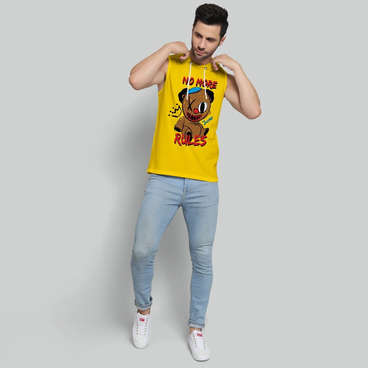Juxar yellow workout hoodie sando for men with graphic print, sleeveless design, and casual fit