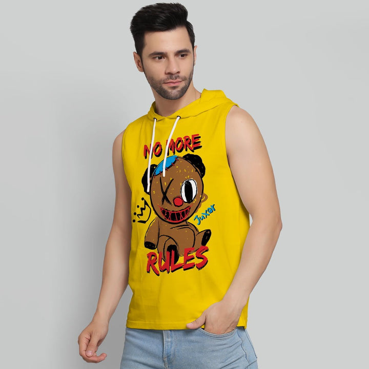 Juxar yellow sleeveless workout hoodie sando for men with graphic teddy bear and no more rules text
