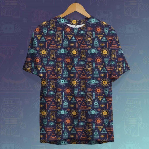 Juxar influencer style t-shirt with colorful geometric and eye pattern printed design