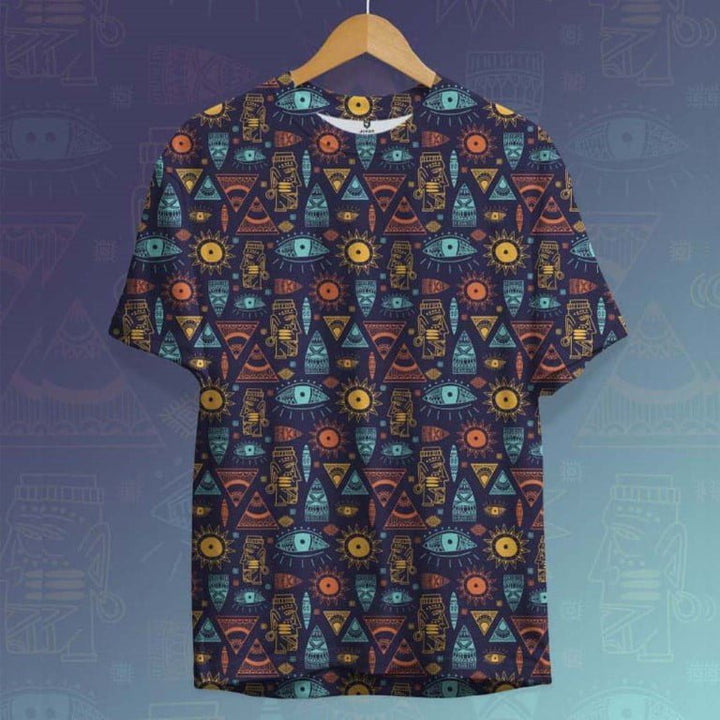 Juxar influencer style t-shirt with colorful geometric and eye pattern printed design
