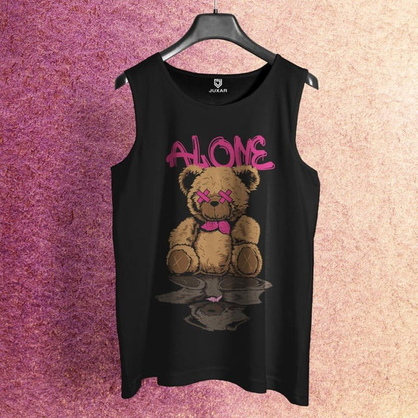 Juxar mens black unique teddy sando with teddy bear graphic and pink alone text