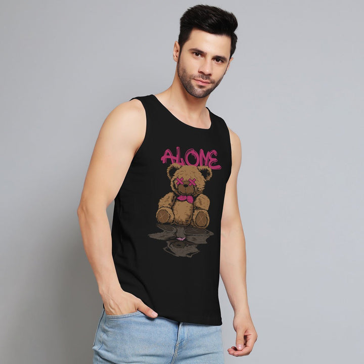 Mens black sleeveless tank top with unique teddy sando print featuring a teddy bear and the word alone