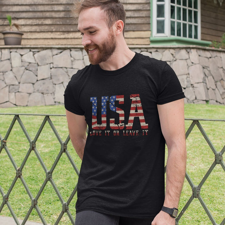 Juxar unisex cotton t shirt India featuring USA flag print with love it or leave it slogan
