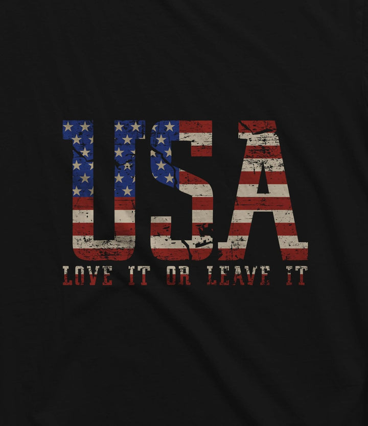 Juxar unisex cotton t shirt India featuring USA flag design with love it or leave it slogan on black fabric