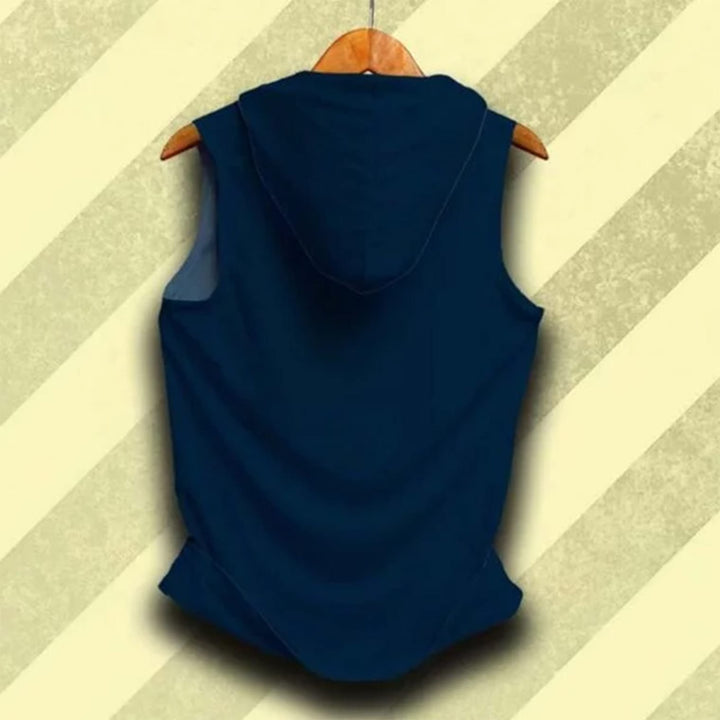 Juxar mens hooded gym tank top in black displayed hanging showing back view