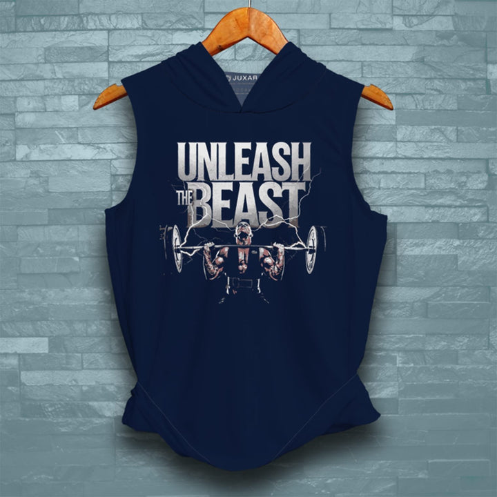 Juxar mens navy hooded gym tank top with Unleash the Beast weightlifting graphic